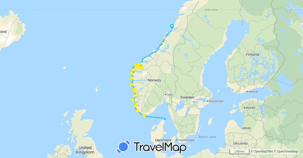TravelMap itinerary: hiking, boat, northbound, southbound in Denmark, Norway (Europe)
