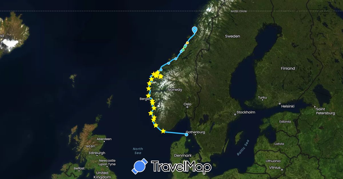 TravelMap itinerary: hiking, boat, northbound, southbound in Denmark, Norway (Europe)