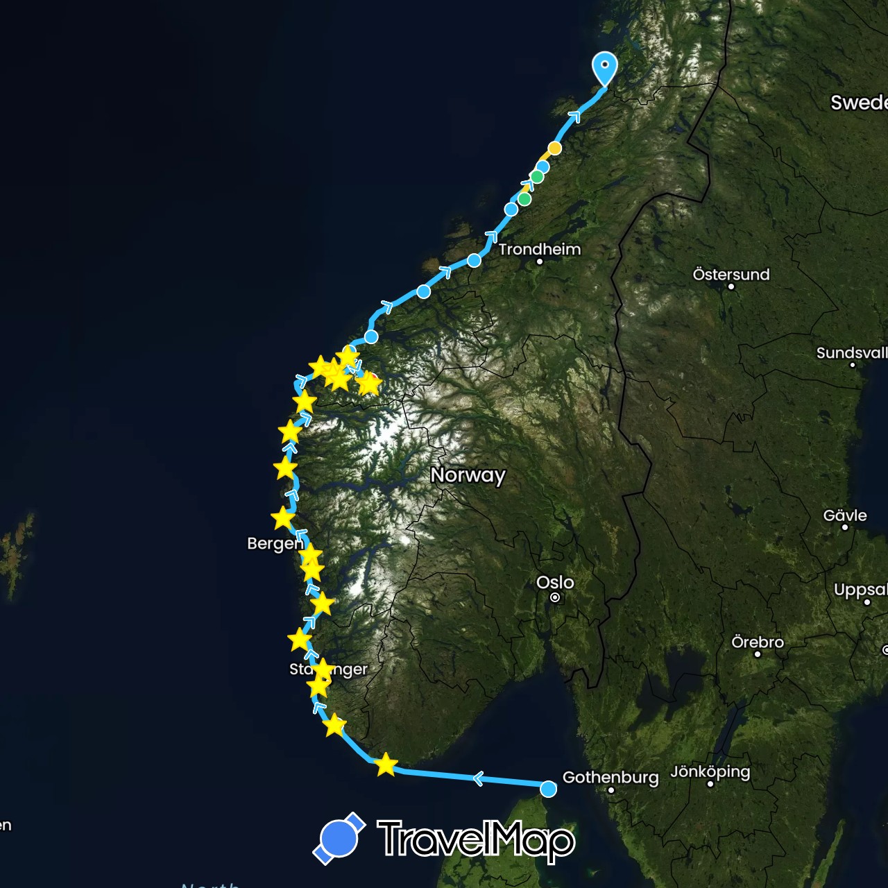 TravelMap itinerary: hiking, boat, northbound, southbound in Denmark, Norway (Europe)