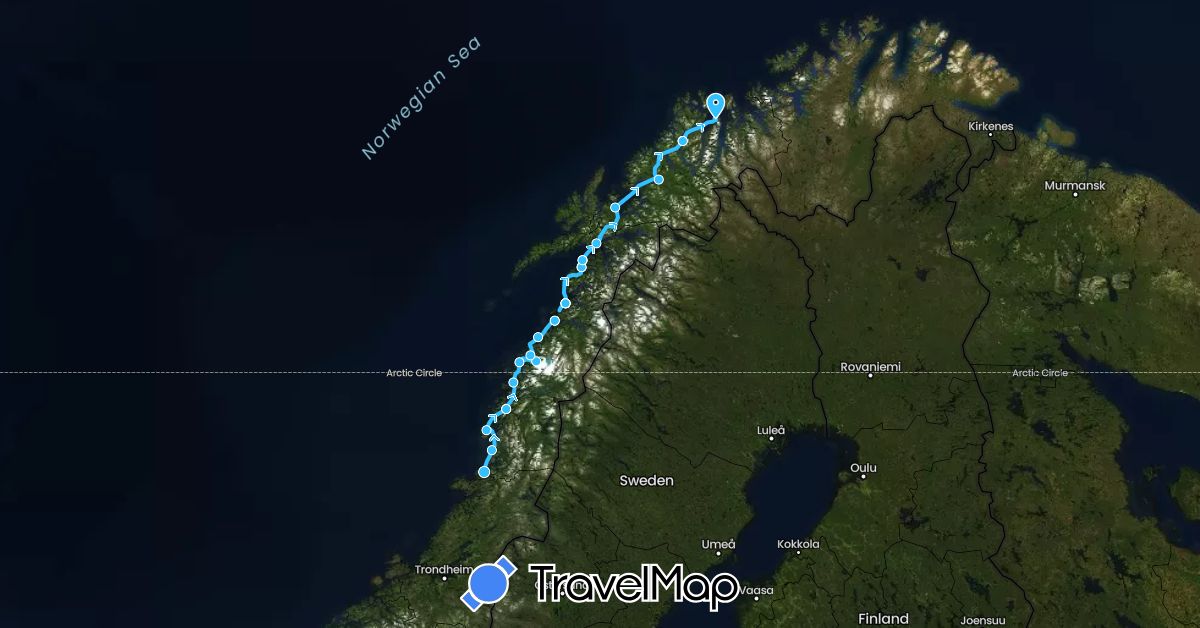 TravelMap itinerary: hiking, boat in Norway (Europe)