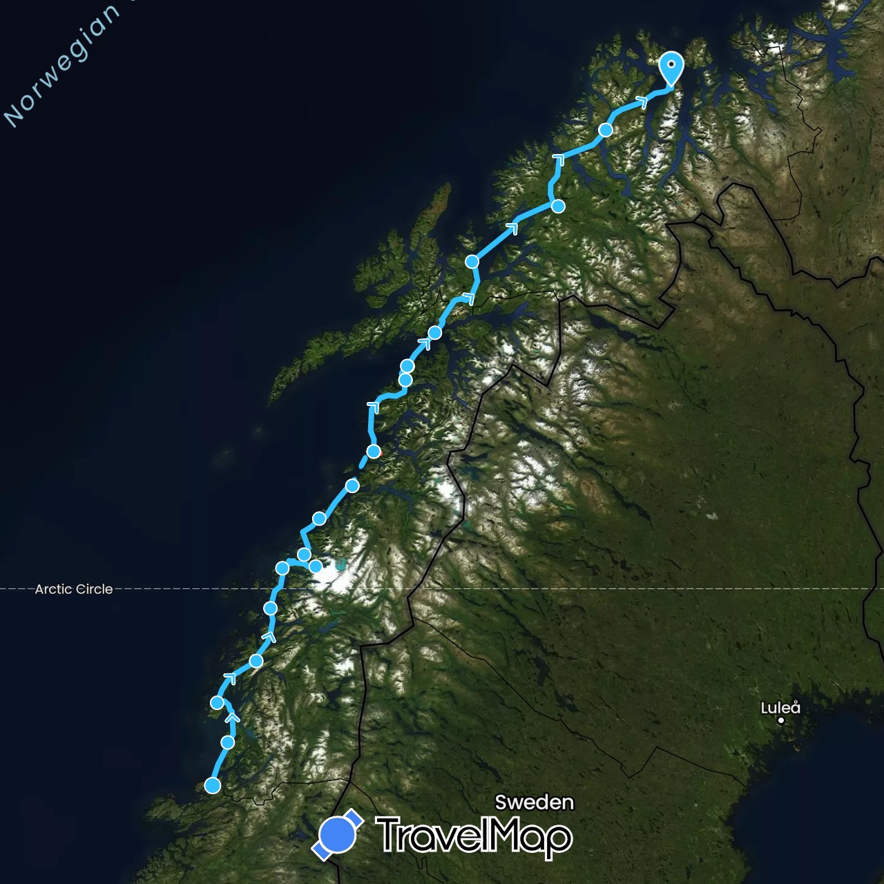 TravelMap itinerary: hiking, boat in Norway (Europe)