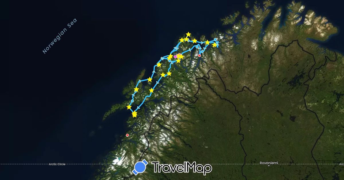 TravelMap itinerary: cycling, hiking, boat, skiing in Norway (Europe)
