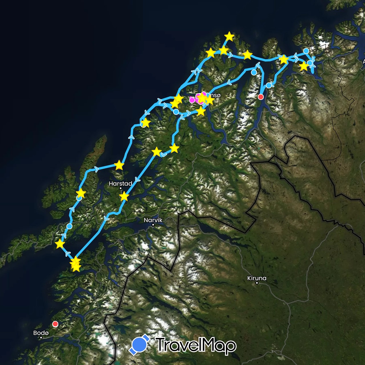 TravelMap itinerary: cycling, hiking, boat, skiing in Norway (Europe)