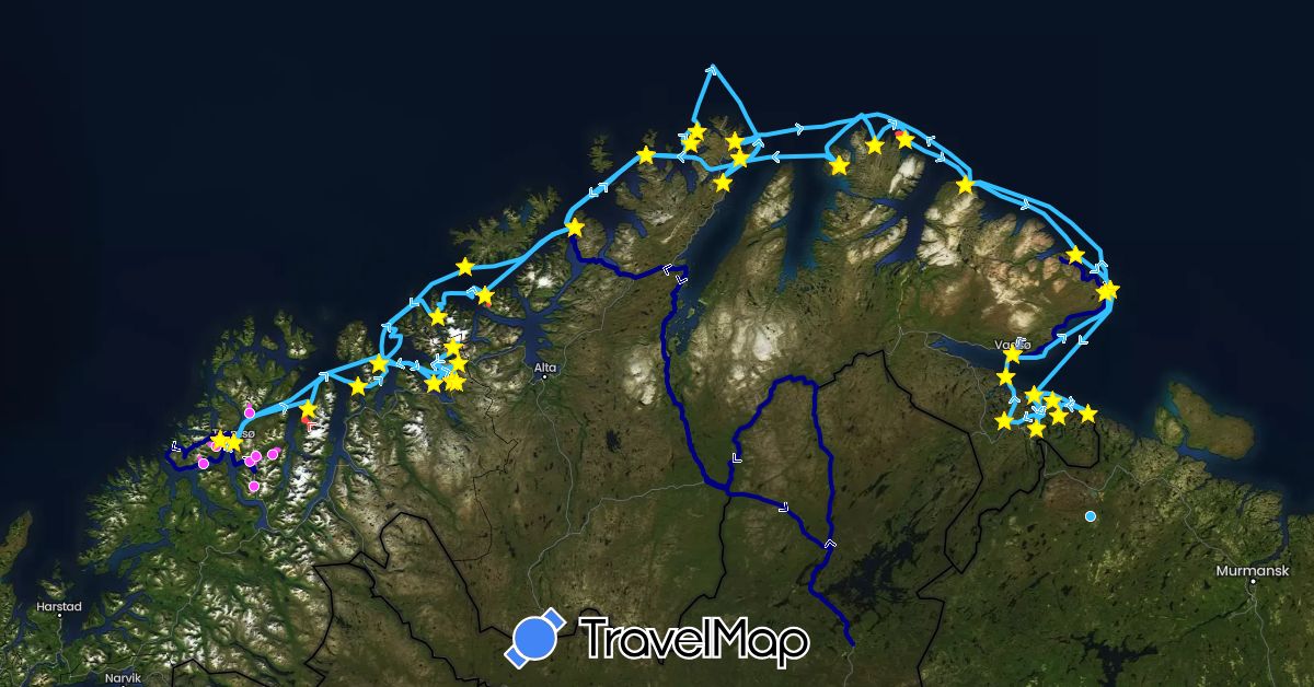 TravelMap itinerary: driving, cycling, hiking, boat, skiing, kayaking, diving, dinghyride, snowshoes in Norway (Europe)