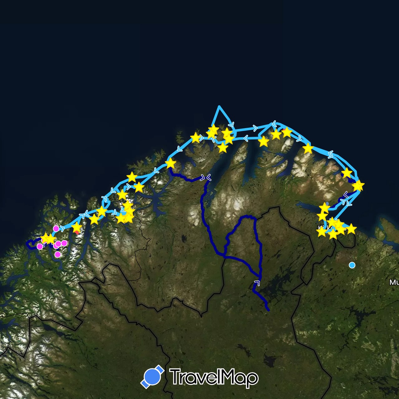 TravelMap itinerary: driving, cycling, hiking, boat, skiing, kayaking, diving, dinghyride, snowshoes in Norway (Europe)
